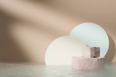 3D render beton podyum ürün görüntüleme, platform sunumu taklit su arka planında kozmetik sahne kaidesi tasarımı göster