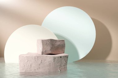 3D render beton podyum ürün görüntüleme, platform sunumu taklit su arka planında kozmetik sahne kaidesi tasarımı göster