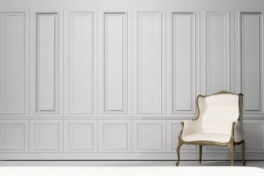 Sandalyeli dairenin modern iç tasarımı, bej duvarlı boş oturma odası, 3D çizim.