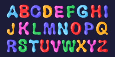 Parlak vektör alfabesi. Okul projelerine, çocuk kitaplarına, doğum günü davetiyelerine çizgi film temalı tasarımlara çocuksu bir merak katmak için mükemmel. Görüntü koyu bir arkaplanda izole edildi