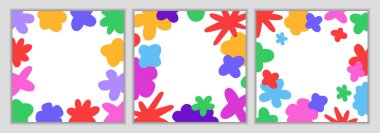 Çok renkli geometrik ve çiçek desenli renkli afişler. Modern tarzda soyut sanat çerçevesi. Vektör illüstrasyonu.