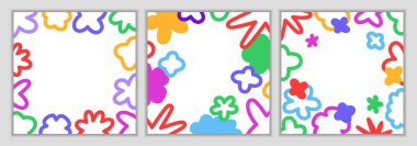 Renkli Geometrik Şekillere sahip soyut bir çerçeve. Soyut Geometrik Grafikle Vektör Sınırı. Yıldızlı, Çiçekli ve Doodle Şekilli Modern Poster.