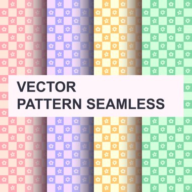 Komik, mutlu papatya ve satranç ağıyla mükemmel, pürüzsüz şablonlar. Moda retro trippy y2k tarzında vektör arkaplan kümesi. Yüzey tasarımı için eğlenceli hippi dokusu