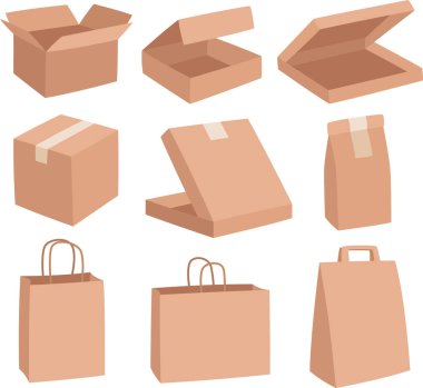 Karton kutular ve çantalar. El işi paketleri dağıtın. Vektör karikatür çizimleri