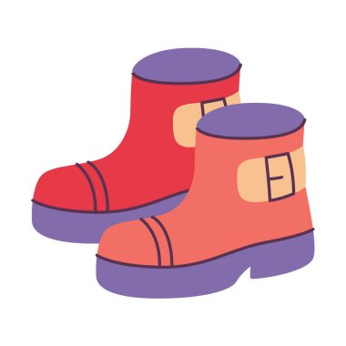 Üzerinde çeşitli parmak izleri olan kırmızı yağmur botları. Düz vektör çizimleri beyaz arkaplanda izole edildi.