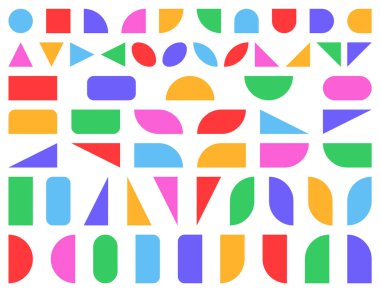 Soyut geometrik vektör şekilleri ve simgeleri. Acımasız modern figür. Kemer bulutu oval çember ve diğer ilkel elementler..