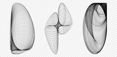 Üç soyut çizgili geometrik şekiller kümesi. Beyaz arka planda izole edilmiş çizgileri olan dinamik formlar. Grafik elementler. Poster, logo ve kapak tasarımı için şablon. Vektör beyaz resimleme.