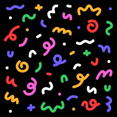 Parlak ve renkli Memphis tarzı soyut karalama şekilleri siyah arkaplana rastgele dağılmış. Eğlenceli ve çarpıcı bir şekilde modern vektör kompozisyonu. Yaratıcı projeler, posterler, dijital sanat eserleri ve dekoratif öğeler için mükemmel..