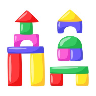 Montessori yapı blokları renkli şekilli oyuncak, çocuklar için eğitici inşaat oyunu, düz tasarım. Vektör illüstrasyonu beyaz arkaplanda izole edildi.