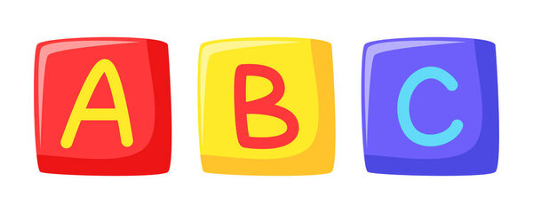 Montessori alphabet blocks with ABC letters, colorful educational toy for kids, flat design. Vector illustration isolated on white background.