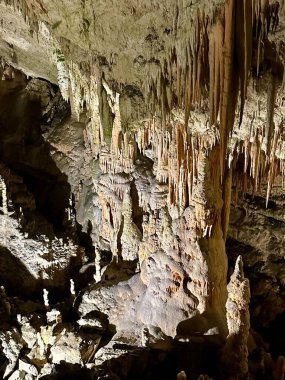 A photograph captures a close-up of vibrant stalactites within a secluded cave. clipart