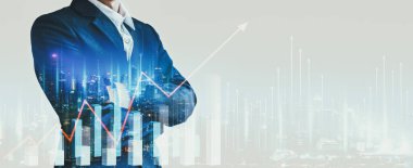 İş finans teknolojisi konsepti, Ağ Şehri 'ndeki profesyonel iş adamı ve Tayland Bangkok' ta geceleri dijital pazarlama grafiği