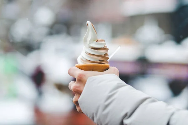 White and chocolate soft cream on hand with snow background in street food, Hokkaido, Japan