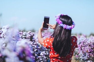 Kış seyahati rahat tatil konsepti, elbise giyen mutlu Asyalı genç kadın Margaret Aster 'ın bahçesindeki Chiang Mai, Tayland' da cep telefonuyla fotoğraf ve selfie çekiyor.
