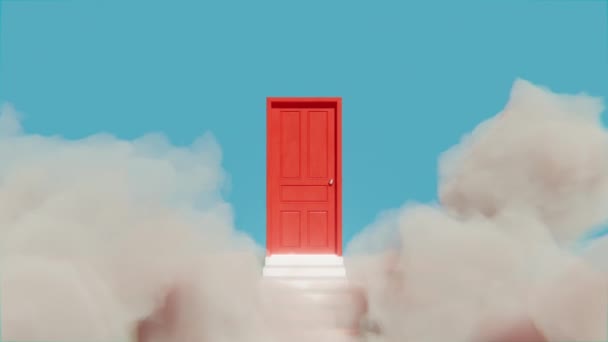 Animasyon Turuncu Kapı Gökyüzündeki Bulutlar Arasında Açılıyor Sonsuzluğa Giden Yol — Stok video
