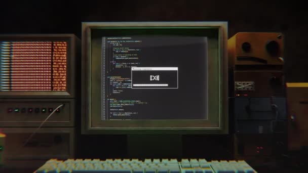 Μεγέθυνση Ένα Ρετρό Υπολογιστή Που Τρέχει Μια Ακολουθία Hacking Βίντεο Κλιπ