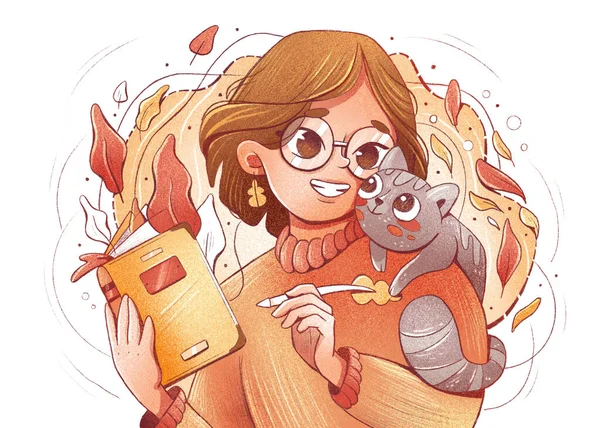 Illustration Cute Girl Glasses Cat Notebook Autumn Background Cartoon Beautiful — Stock Photo, Image