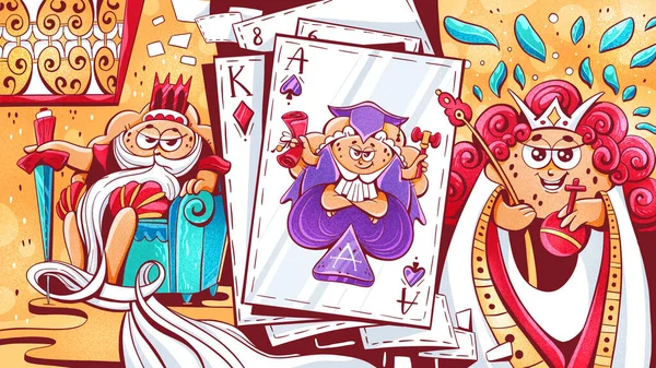 Concept Art Playing Cards Cartoon Style Queen King Ace — Zdjęcie stockowe