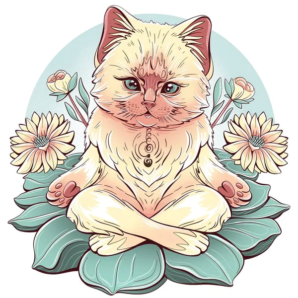 Illustration of a cat meditating sitting on a lotus flower. This can be used as a print.