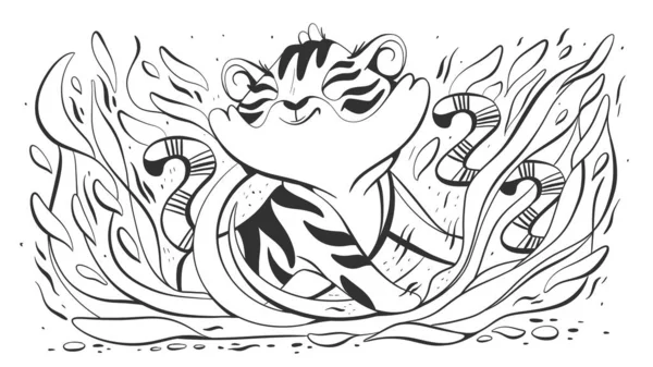 Linea Illustrazione Stile Artistico Piccolo Cucciolo Tigre Felice Nell Erba — Foto Stock