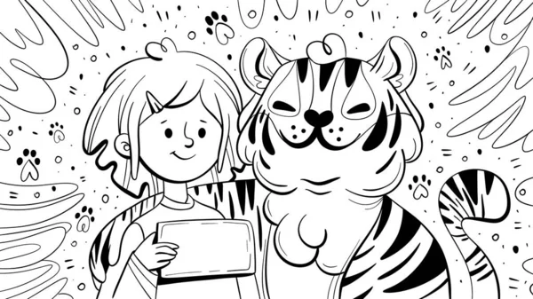Εικονογράφηση Γραμμή Τέχνη Στυλ Χαριτωμένο Κορίτσι Και Τίγρη Μπορεί Χρησιμοποιηθεί — Φωτογραφία Αρχείου