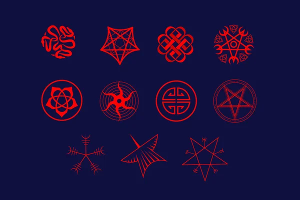Conjunto Emblemas Mágicos Vetoriais Pentagramas Pentáculos Padrões Bruxaria —  Vetores de Stock