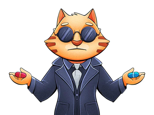 Cartoon character cat in black glasses with two pills in his hands as in the movie The Matrix.