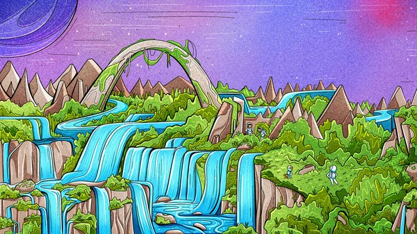 Illustration Einer Außerirdischen Fantastischen Landschaft Cartoon Stil — Stockfoto
