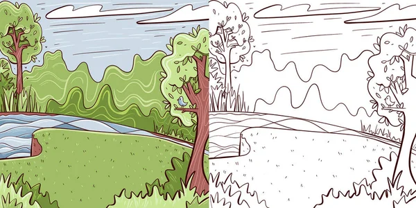 Illustration of a forest landscape with a river in cartoon and line style. This can be used for coloring book.