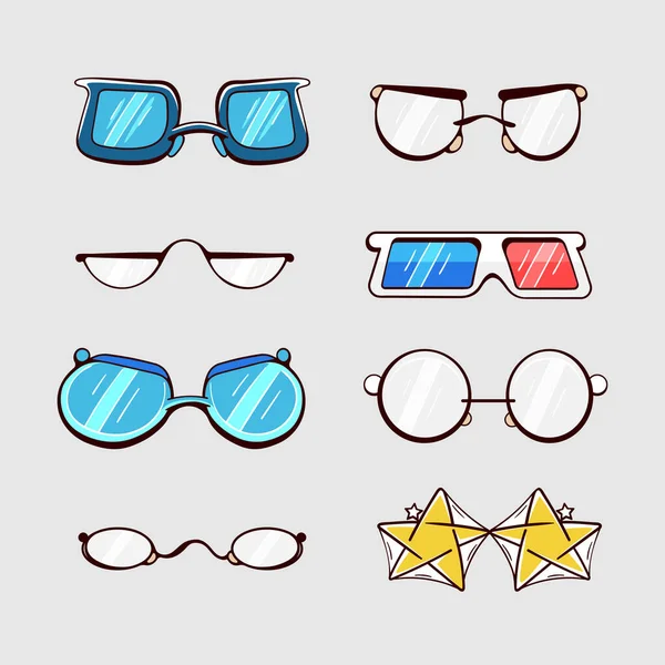 Set Vector Elements Glasses Different Shapes Sizes Cartoon Comic Style — Stock Vector