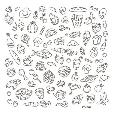 Yemek ve yemek pişirmek için vektör elementleri. Satır ve karalama biçiminde vektör ögeleri.