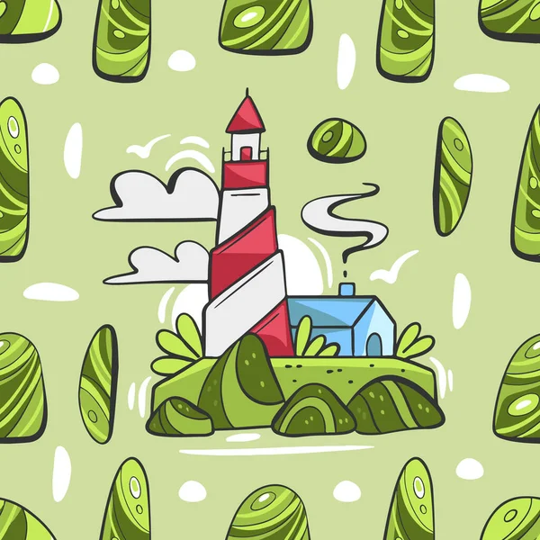 Vector Pattern Lighthouses Sea Sea Pebbles Cartoon Comic Style — Stock Vector