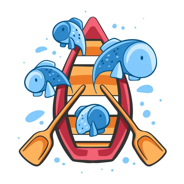 Vektor Illustration Eines Mit Verschiedenen Fischen Gefüllten Ruderbootes Cartoon Stil — Stockvektor