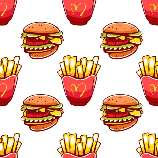 Padrão Vetorial Cheeseburgers Mcdonald Batatas Fritas Estilo Cartoon — Vetor de Stock