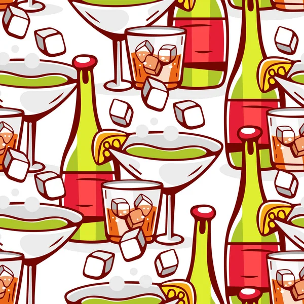 ワインボトル 漫画風のゴブレットのベクトルパターン — ストックベクタ