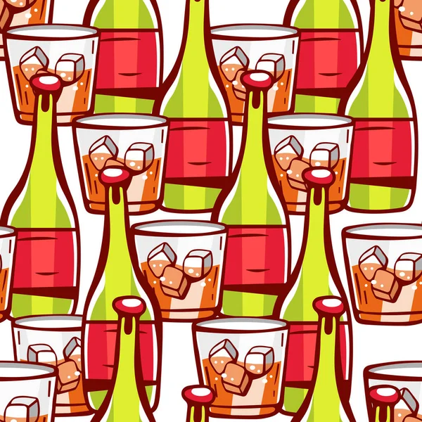 Modèle Vectoriel Bouteilles Vin Verres Gobelets Style Dessin Animé — Image vectorielle
