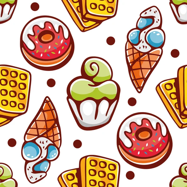 漫画風のお菓子をテーマにしたベクトル柄 ドーナツ アイスクリーム ケーキ ワッフル — ストックベクタ