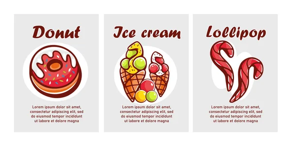 Dessertkarten Und Schriftzüge Vector Cartoon Stil Donut Eis Und Lutscher — Stockvektor
