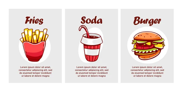 Vector Fast Food Cartões Estilo Cartoon Batatas Fritas Refrigerante Hambúrguer — Vetor de Stock