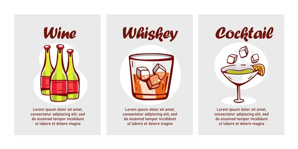 Cartes Vectorielles Boissons Alcoolisées Dans Style Dessin Animé Vin Whisky — Image vectorielle