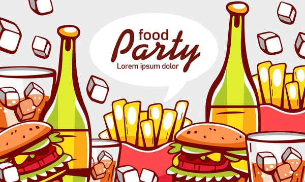 Vector Illustration Lettering Food Party Wine Cocktail French Fries Cheeseburger — Stock Vector