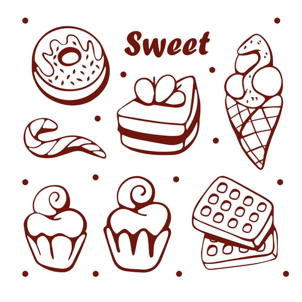 Vector Set Sweets Line Style Donut Pie Waffle Cupcake Ice — Stock Vector