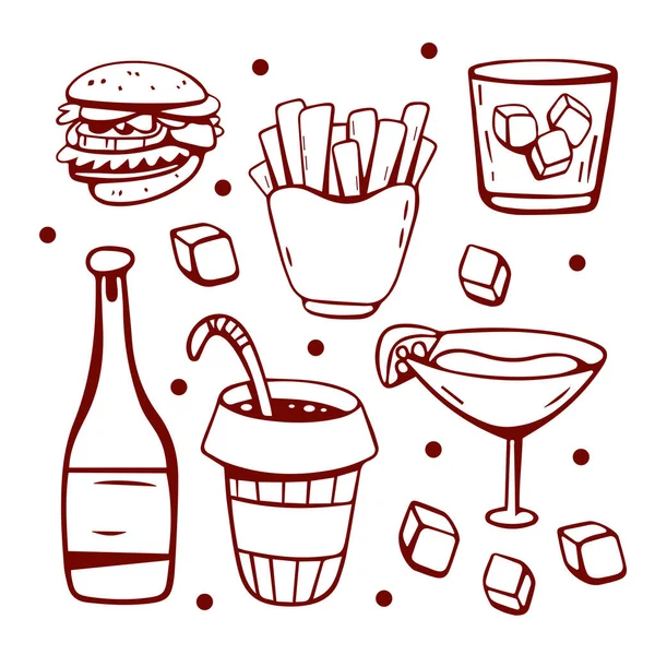 排成一行的为聚会准备的一套食物和饮料 鸡尾酒 芝士汉堡 — 图库矢量图片