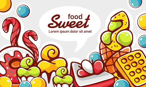 Εικονογράφηση Διάνυσμα Και Γράμματα Γλυκά Τροφίμων Βάφλες Κεκάκια Παγωτό Κέικ — Διανυσματικό Αρχείο