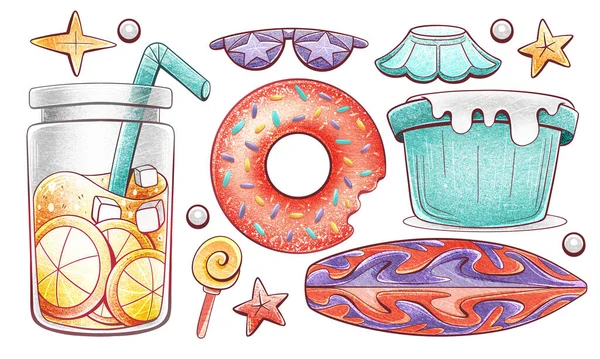 스타일의 요소들의 칵테일 선글라스 파도타기 도넛등을 마신다 — 스톡 사진
