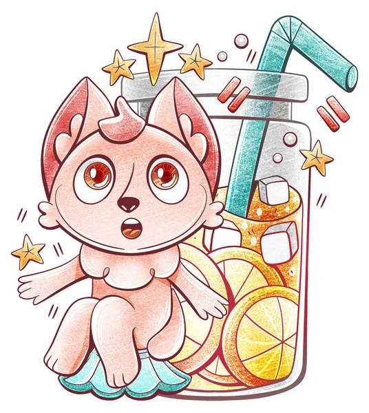 Illusztráció Egy Aranyos Macska Hűtött Limonádé Egy Koktél Cső Rajzfilm — Stock Fotó