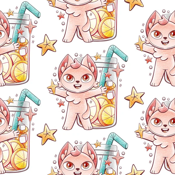 Illustration Pattern Cute Cat Chilled Lemonade Cocktail Tube Cartoon Style — Stock Photo, Image