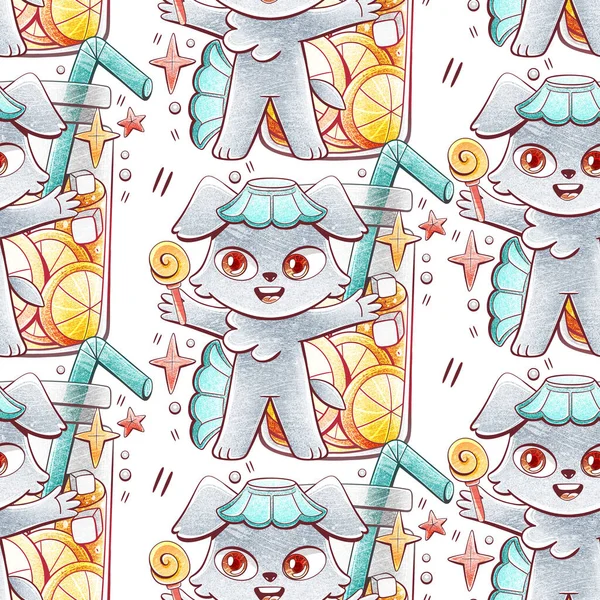 Illustration Pattern Cute Dog Chilled Lemonade Cocktail Tube Cartoon Style — Stock Photo, Image