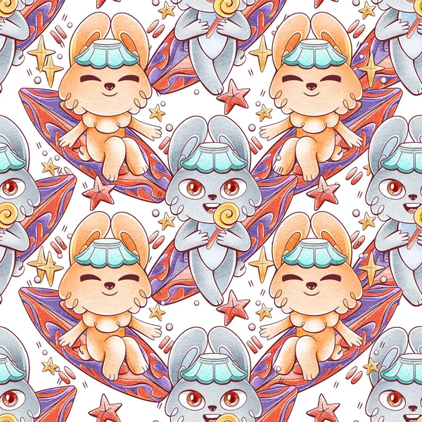 Pattern Cute Hares Surfboards Starfish Cartoon Style — Stock Photo, Image