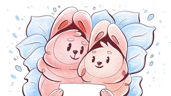 Illustration of two rabbits in love in cartoon cute style.